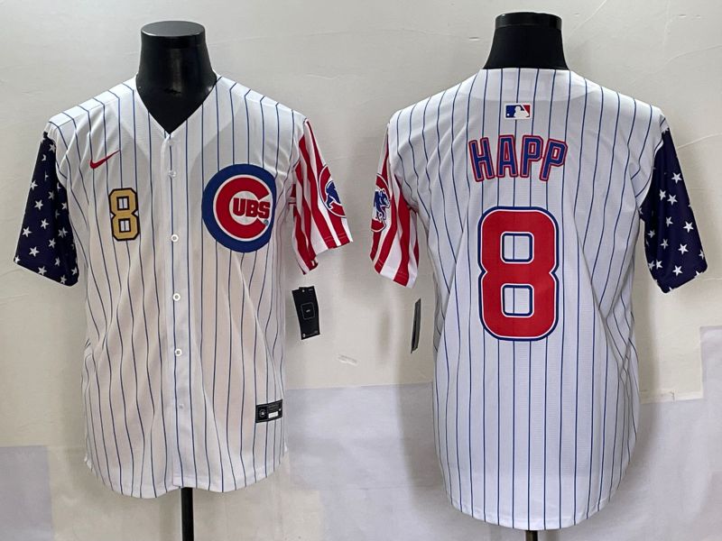 Men 2025 Chicago Cubs #8 Happ White Stripe a generation of national flags Joint Name Nike MLB Jersey style 2
